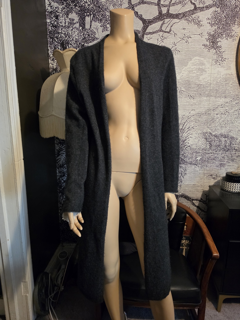 LUSSO CASHMERE Charcoal Grey Open Front Longline Duster Cardigan Sweater L